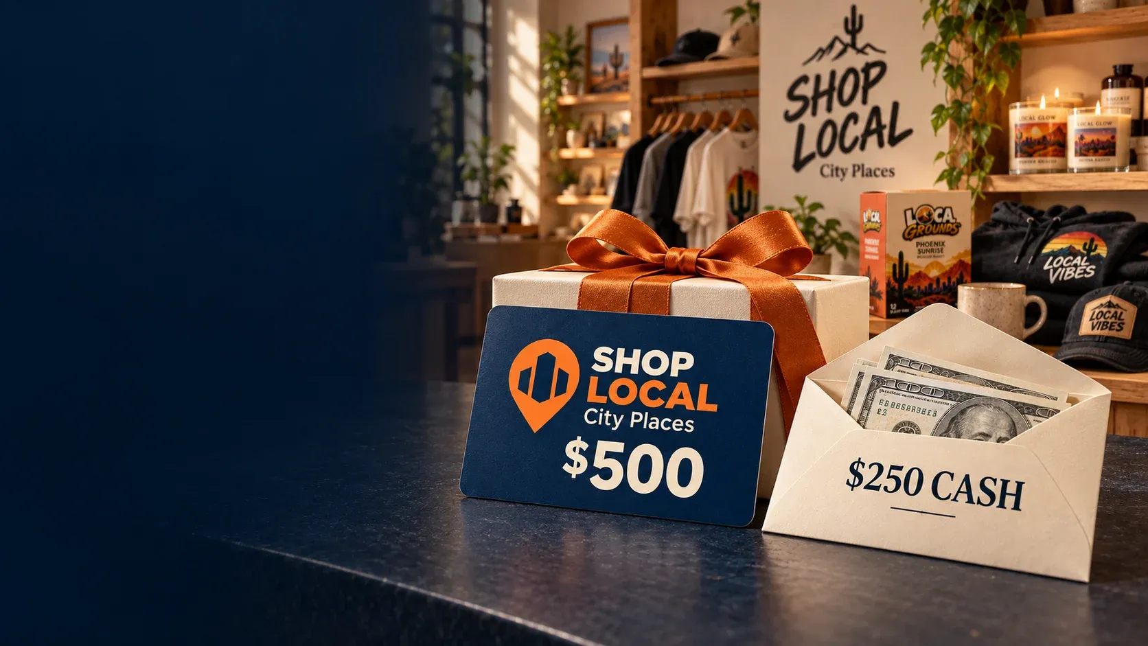 $500 SHOP LOCAL New York Places gift card and $250 cash envelope in front of a SHOP LOCAL store and product display.